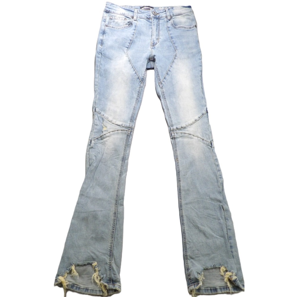 Serenede Stacked Flare Pants Stretch Denim Distressed Men W30x34 Light Wash Blue
